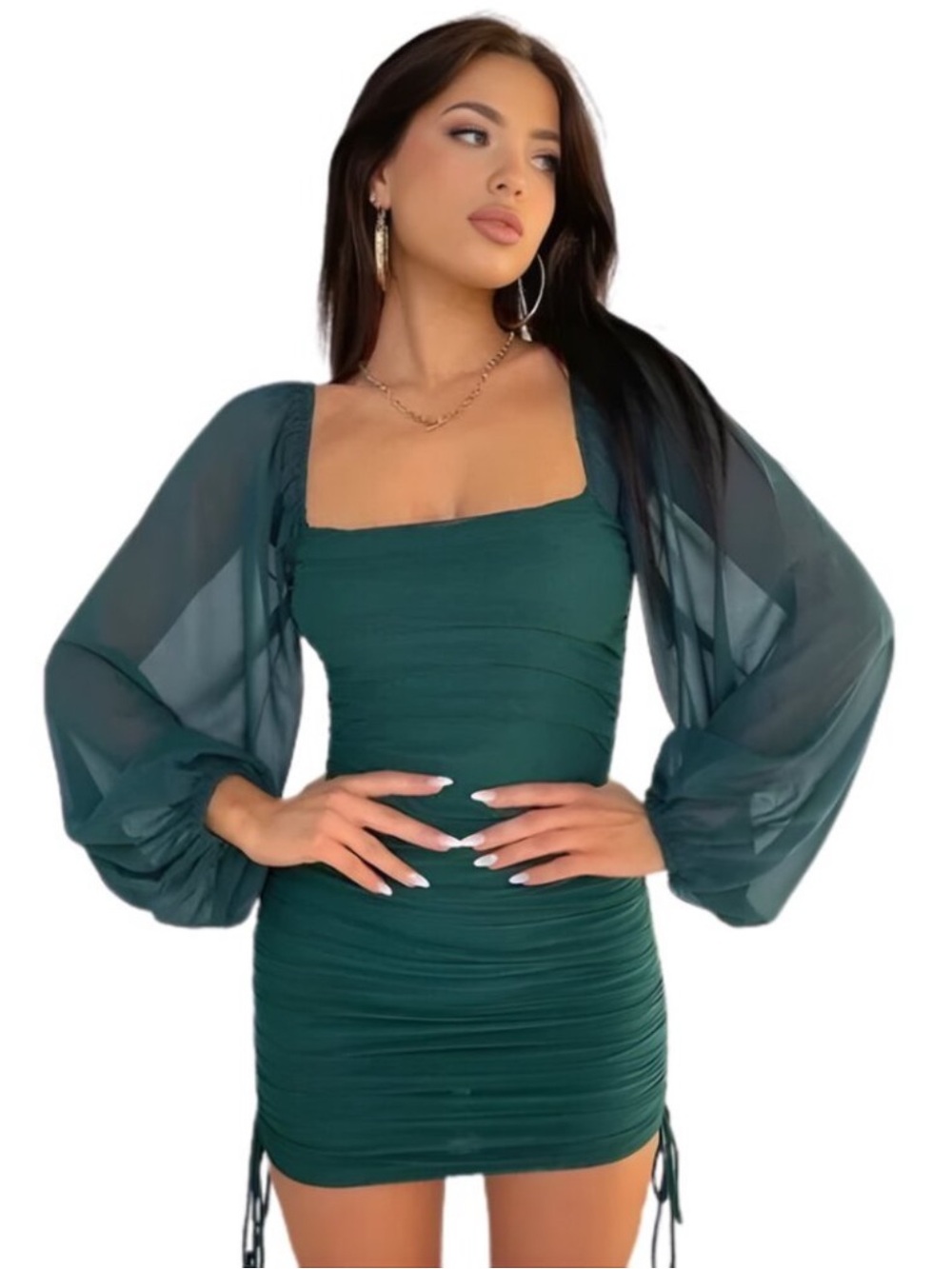 Princess Polly Aleena Long Sleeve Mini Dress Green 10 Ruched Mesh